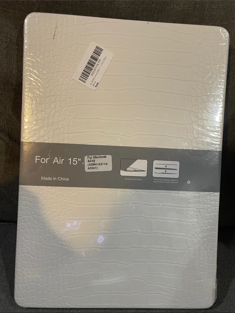 For MacBook Air 15” White Croc Texture Laptop Case with Black Keyboard Cover